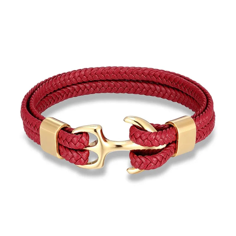 Men's leather and stainless steel anchor bracelet on a wrist, emphasizing fit
