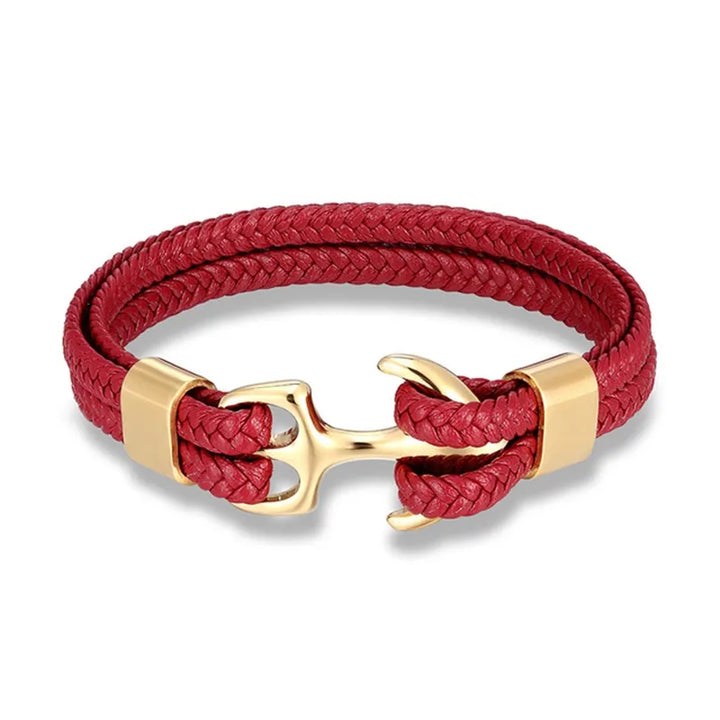 Men's leather and stainless steel anchor bracelet on a wrist, emphasizing fit