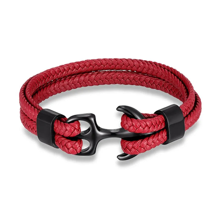 Detailed shot of the stainless steel anchor on a men's black leather bracelet