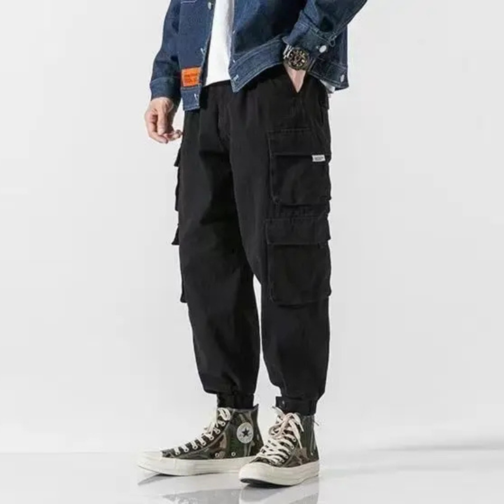 Men's casual cargo jogger pants, tapered for comfort, with practical utility pockets.