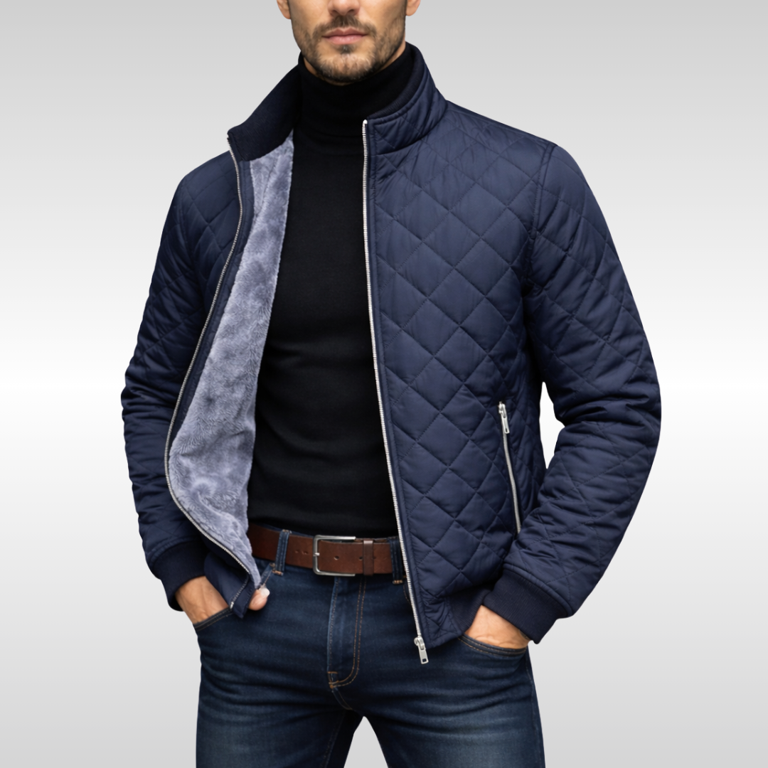 Men's navy blue quilted jacket, providing versatile warmth for fall and winter. Lightweight casual outerwear.