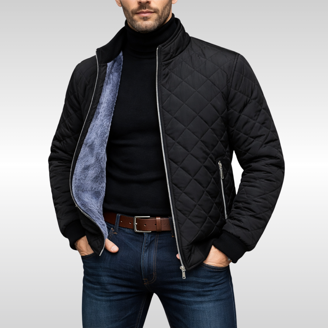 Gray men's quilted jacket, a versatile and warm outerwear choice for casual fall and winter fashion.