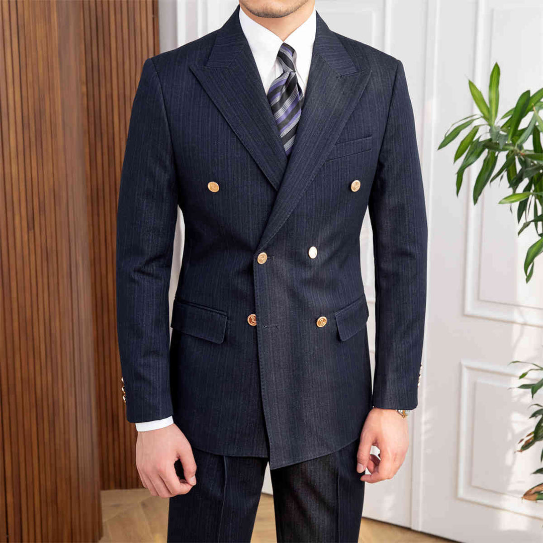 Men's navy blue slim fit double-breasted 2-piece suit, ideal for formal business and wedding events.