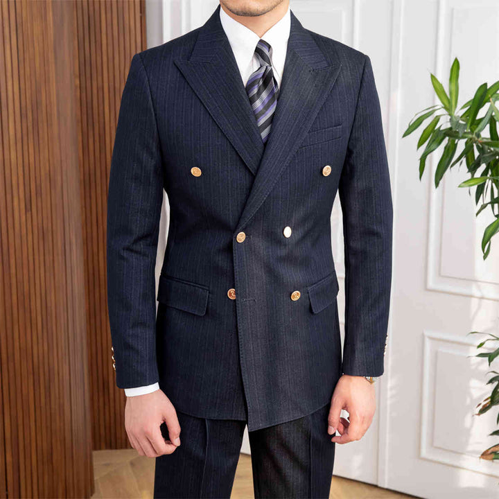 Men's navy blue slim fit double-breasted 2-piece suit, ideal for formal business and wedding events.