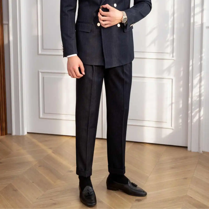 Stylish men's navy double-breasted suit, tailored slim fit for elegant formal wear and evening occasions.