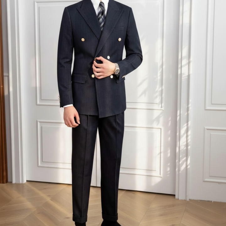 Classic men's navy blue slim fit double-breasted suit, a sophisticated choice for modern formal fashion.