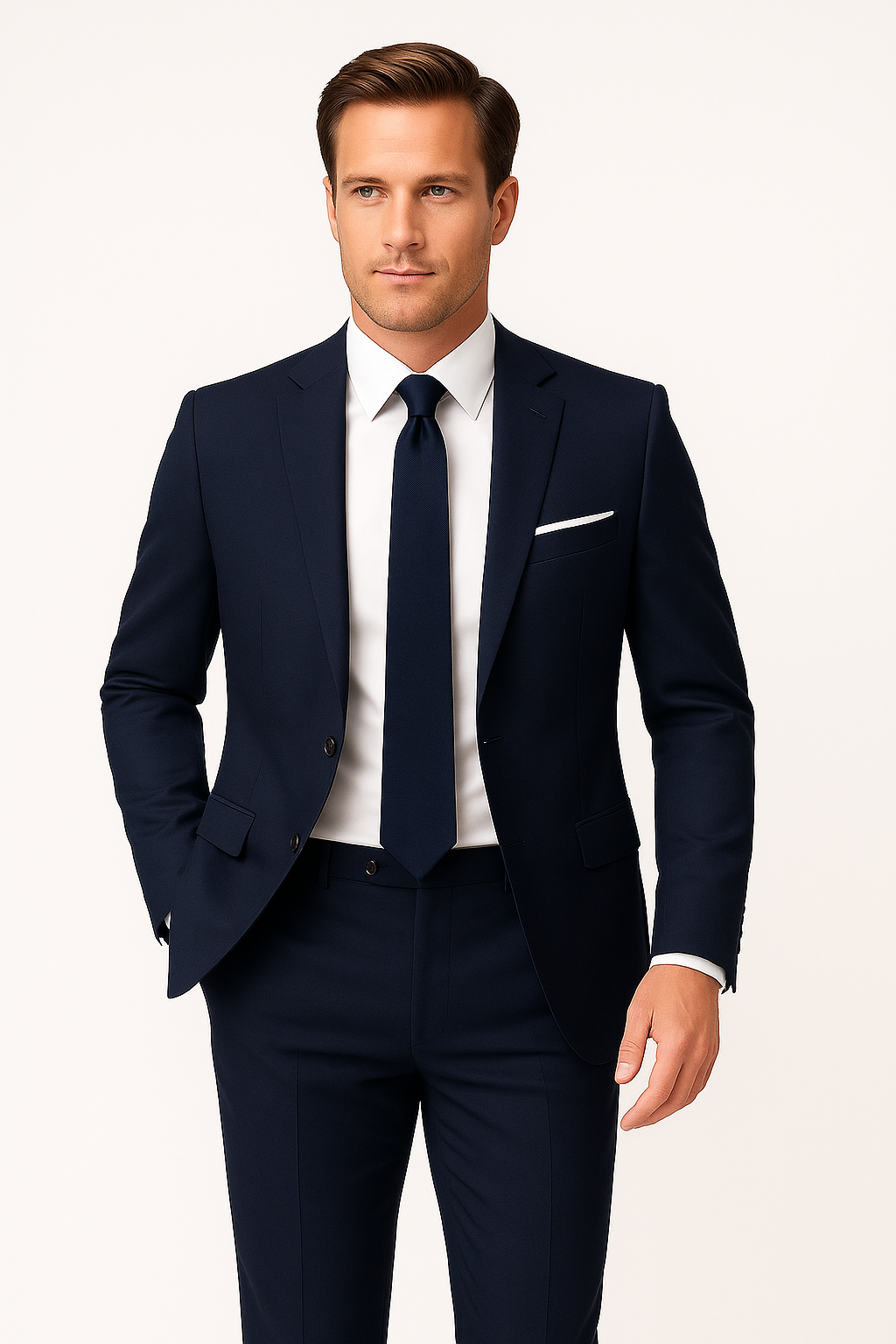 Men's navy blue slim fit two-piece suit with a stylish blazer and trousers, perfect for formal events.