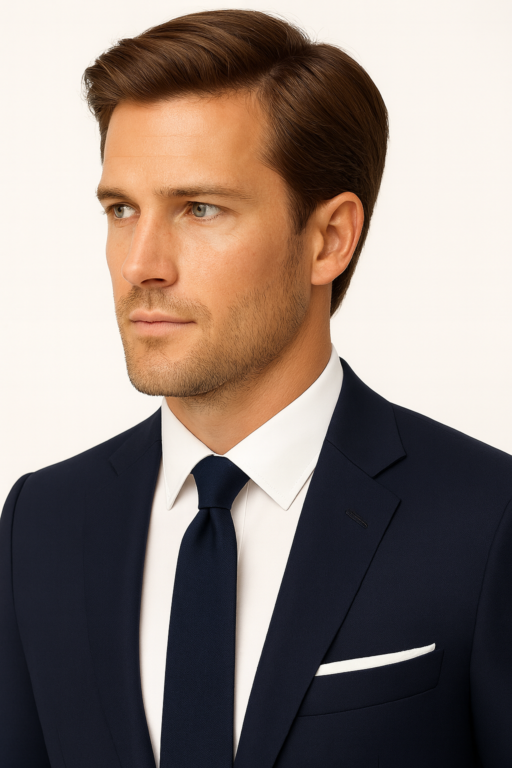 Tailored navy blue slim fit men's suit, ideal formal wear for weddings, business, or special events.