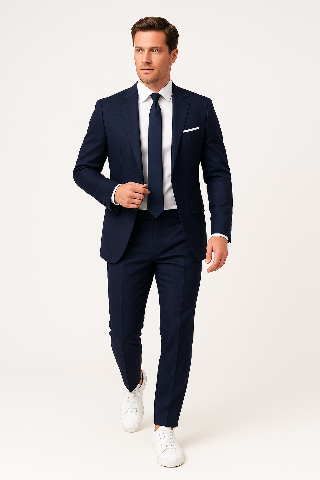 Stylish navy blue slim fit men's suit featuring a modern blazer and matching trousers for formal attire.