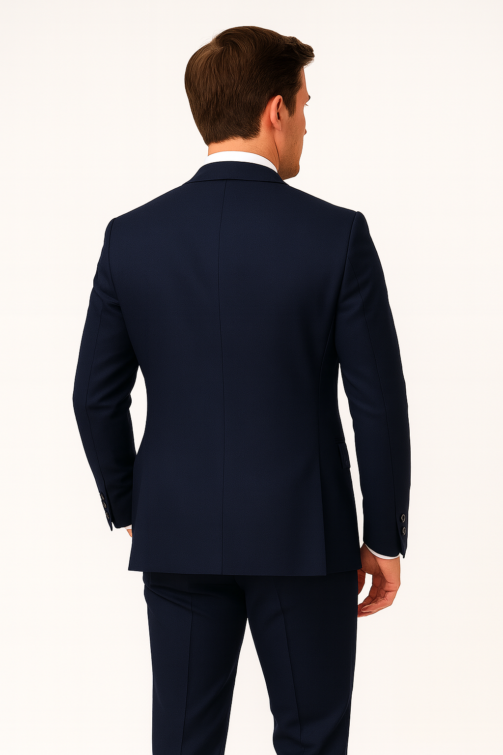 Elegant men's navy blue slim fit suit, a classic two-piece for sophisticated formal and business fashion.