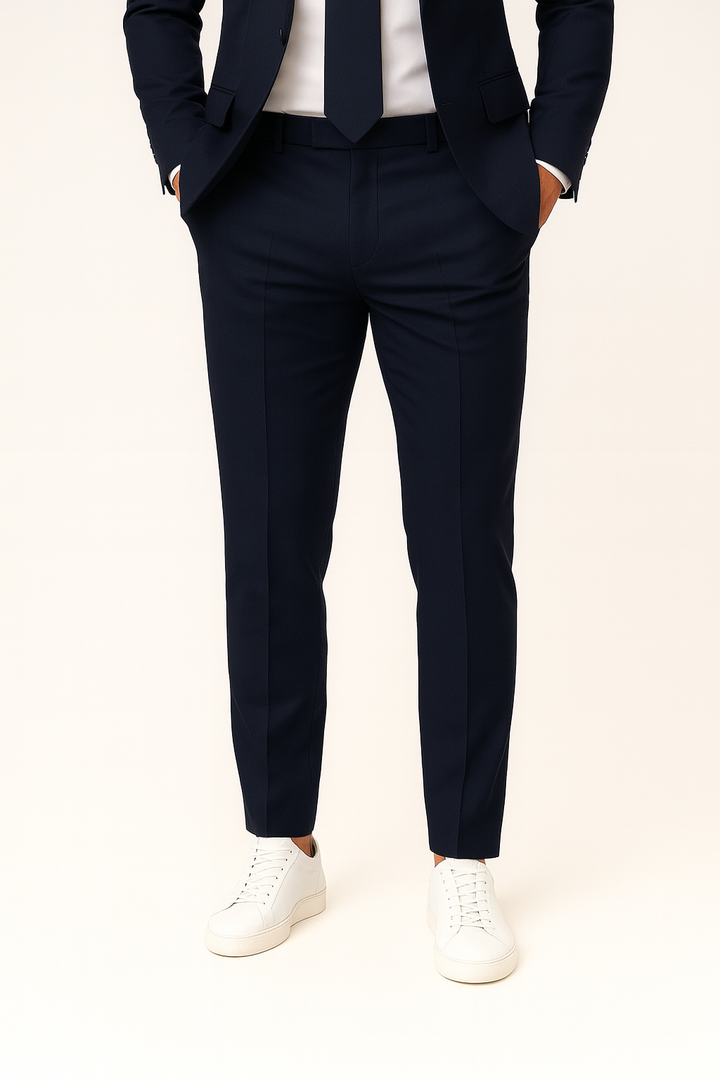 Deep navy blue slim fit men's suit, a sleek and modern formal wear choice for any discerning gentleman.