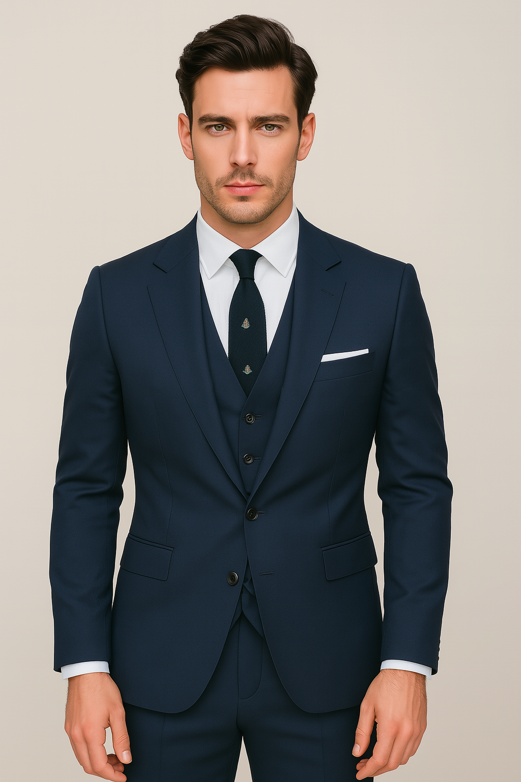 Men's navy blue three-piece suit with blazer, vest, & trousers for formal events, weddings, or business wear.