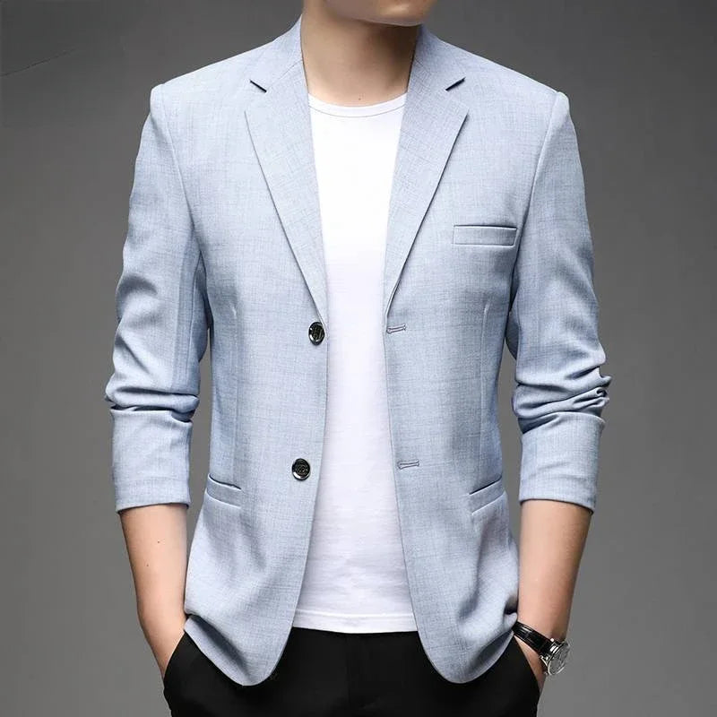 Men's navy structured blazer, tailored for sharp professional style. Ideal for business casual or formal events.