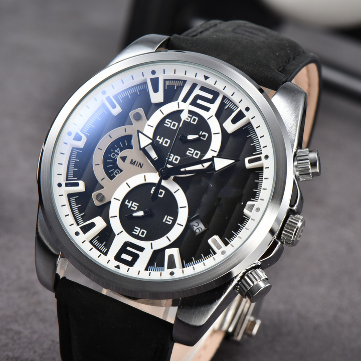 Classic men's chronograph watch with date, precision movement, and black leather band.