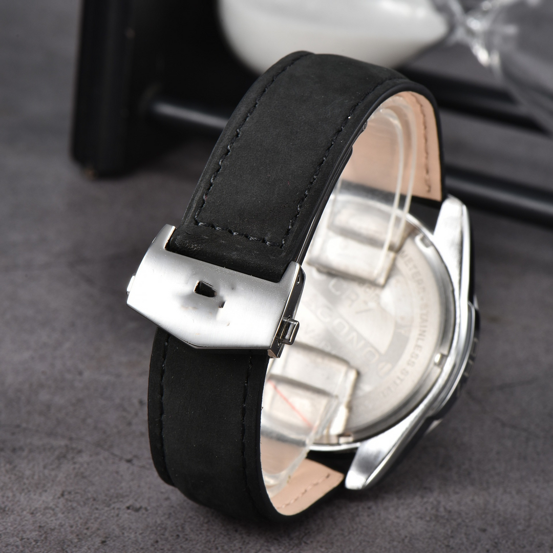 Stainless steel men's sport watch, Nexus Chrono, with genuine leather strap and date function.