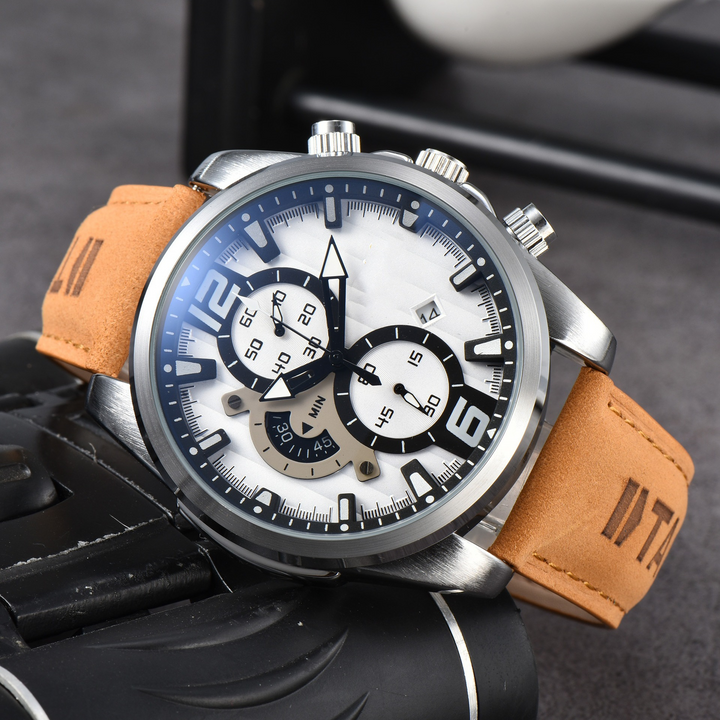 Stylish men's chronograph watch, stainless steel case, dark leather strap, for sport or classic wear.