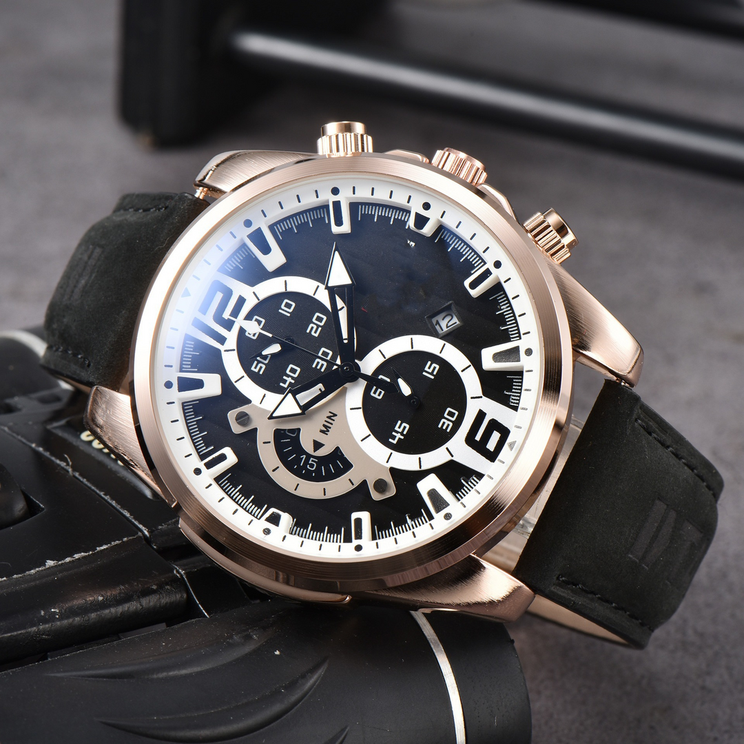 Sleek men's classic timepiece, chronograph, durable leather strap, date window, essential accessory.
