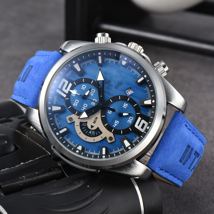 Men's stainless steel chronograph watch, rich leather band, clear date display, timeless design.