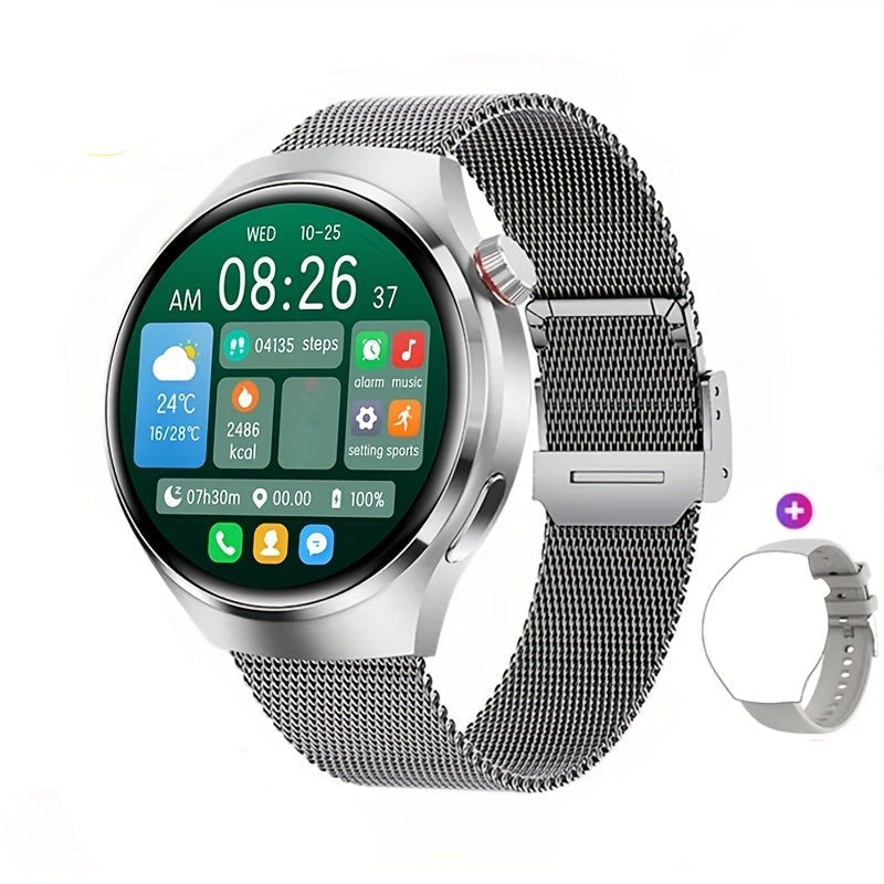 Men's NFC smartwatch displayed on a wrist, showing a vibrant digital screen with health stats. Modern men's accessory.