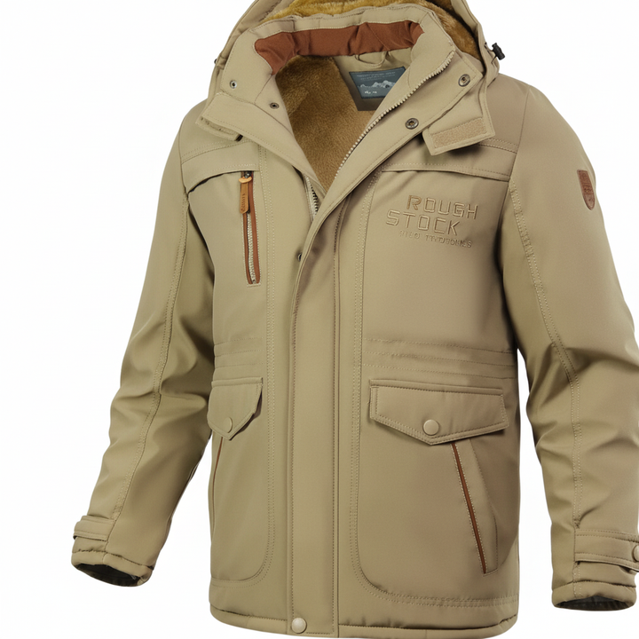 Close-up of a men's hooded winter coat, showing water-repellent fabric detail