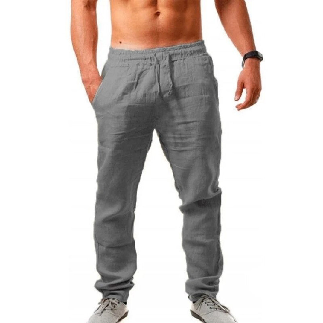 Relaxed fit men's airy linen trousers providing cool comfort for casual summer wear. Ideal breathable pants.