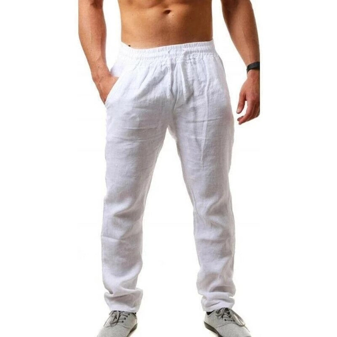 Versatile men's linen trousers for summer, offering airy comfort & a casual yet smart look. Breathable pants.