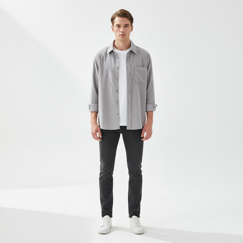 Navy blue men's corduroy casual shirt, long sleeve, ideal for autumn or winter fashion