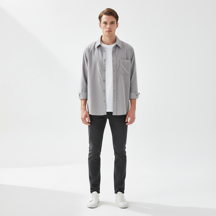 Navy blue men's corduroy casual shirt, long sleeve, ideal for autumn or winter fashion
