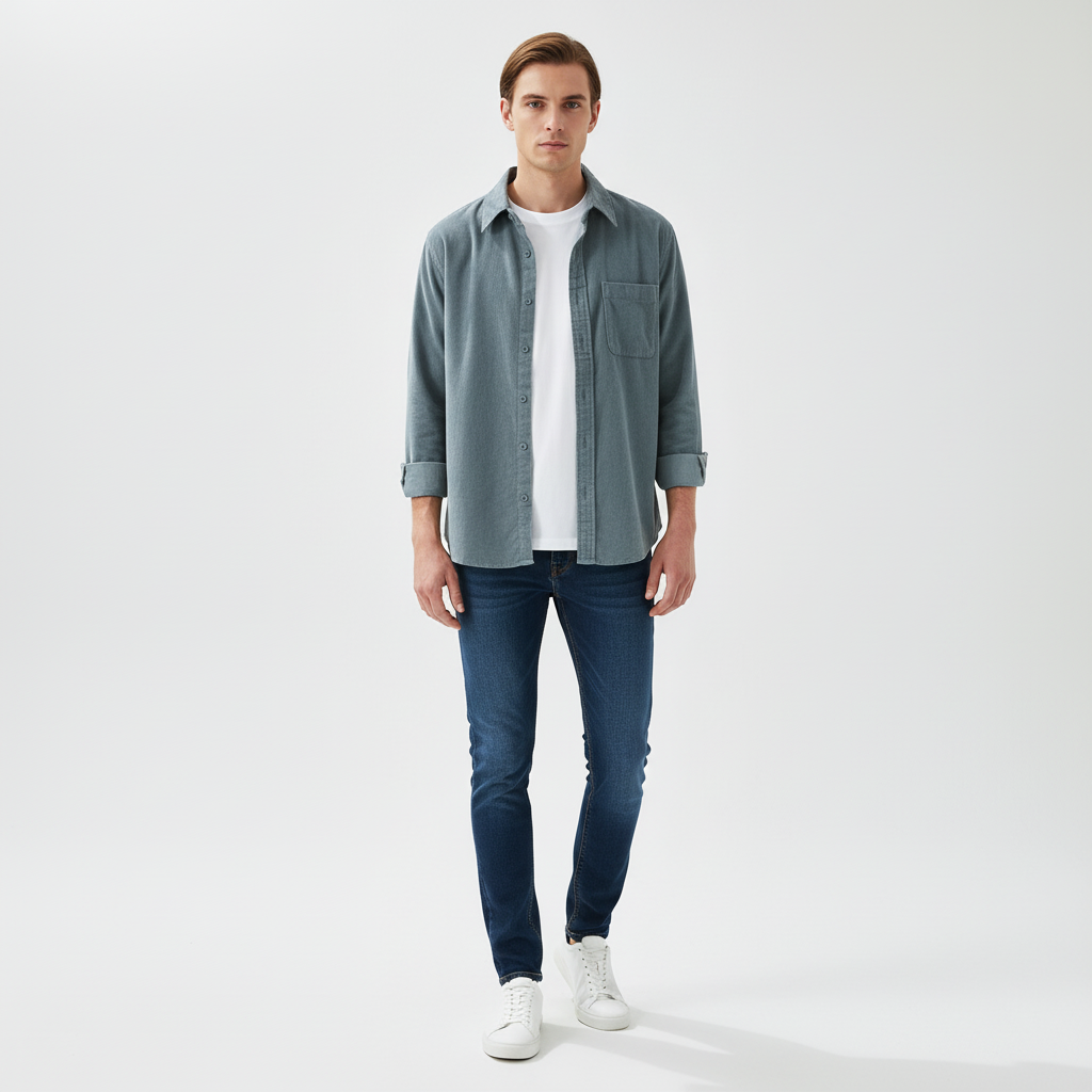 Comfortable men's corduroy shirt, light blue, button-down, longsleeve for autumn winter
