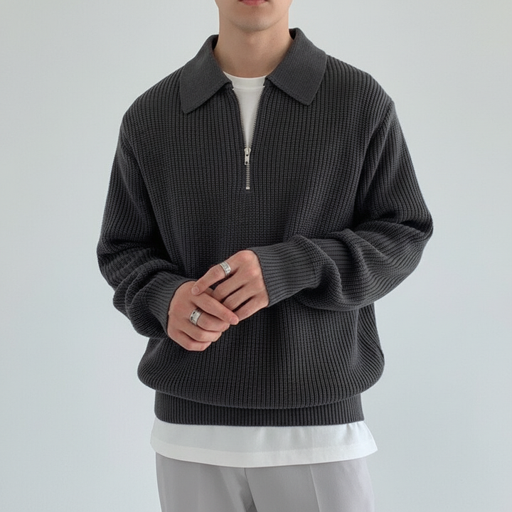 Close-up of the Noah men's polyester zip collar sweater, highlighting the soft fabric texture.
