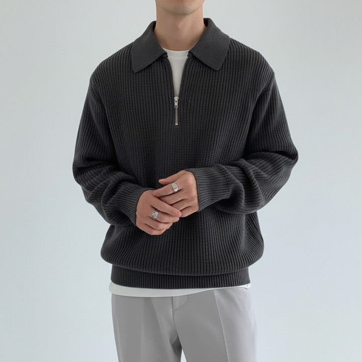 Model wearing the Noah men's zip collar sweater in a casual setting, showcasing its comfortable fit.