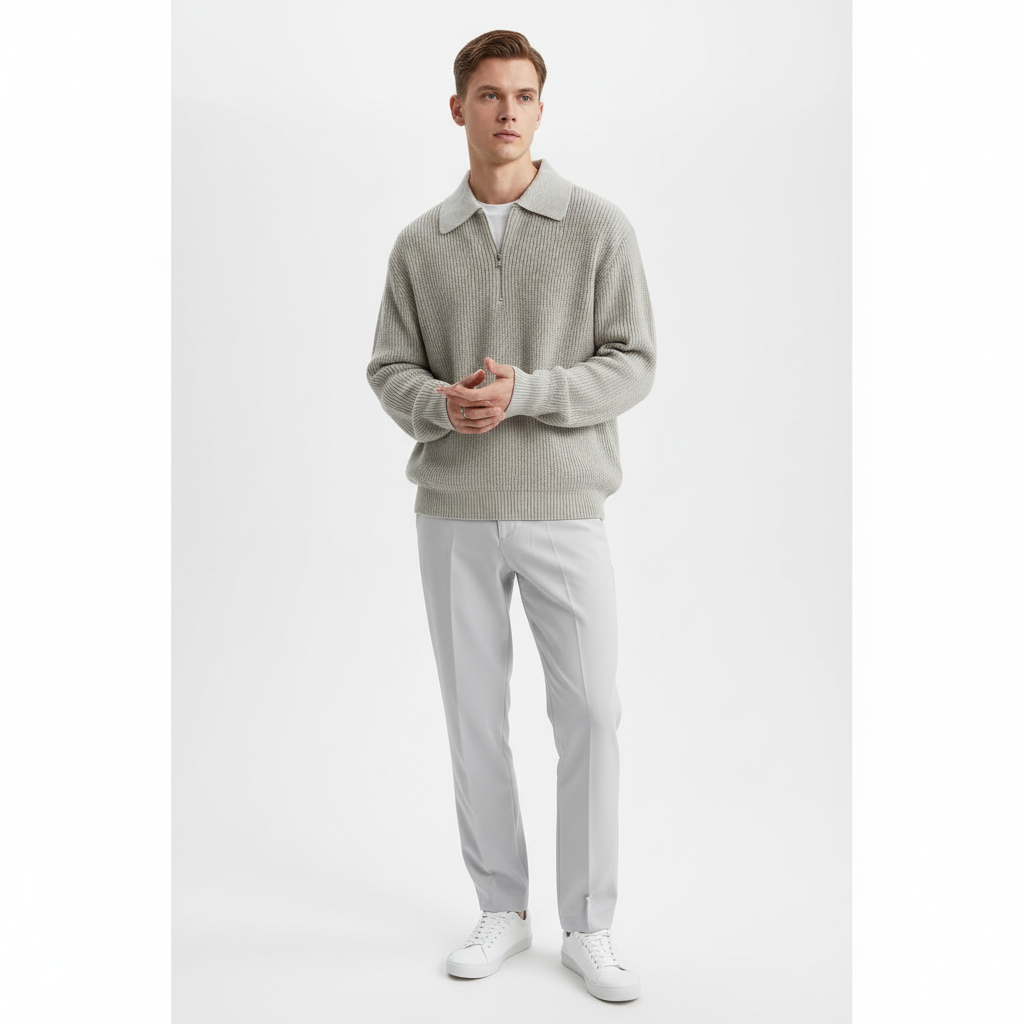 Flat lay of the Noah men's zip collar pullover, emphasizing its quality and everyday wear appeal.