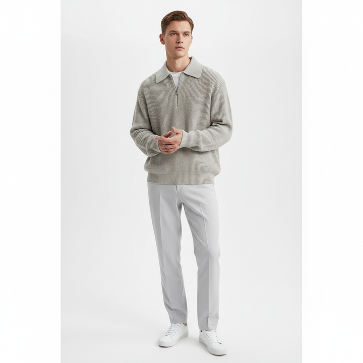Flat lay of the Noah men's zip collar pullover, emphasizing its quality and everyday wear appeal.