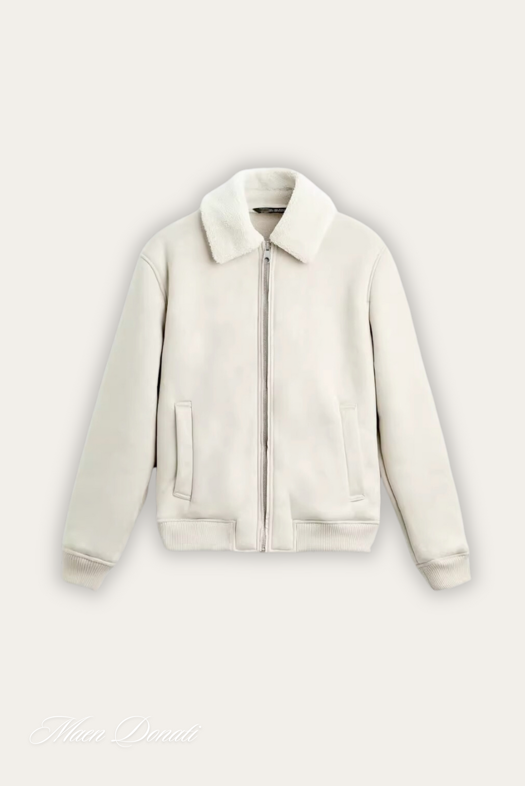 Warm men's winter bomber, Nolan model, featuring ribbed cuffs & minimalist style.