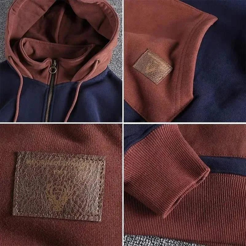 Stylish men's two-tone quarter-zip hoodie for urban explorer look. Casual, comfortable & durable everyday apparel.