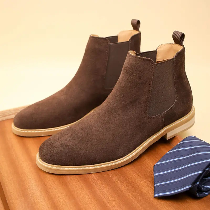Stylish Men's Nordic Trek ankle boots in brown & orange, perfect for winter fashion and comfortable cold-weather wear.