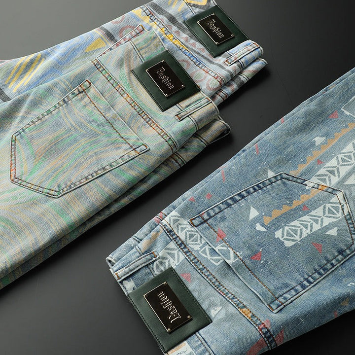 Men's Nova slim fit jeans, bold patterns, modern style & comfort for versatile casual wear.