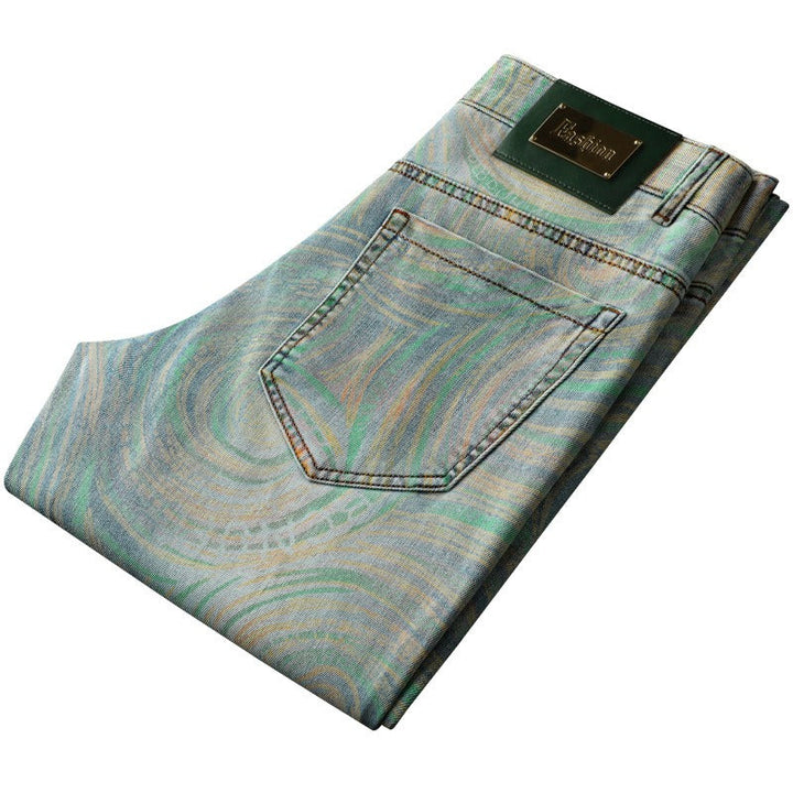 Man wearing Nova slim fit jeans with a bold pattern, showcasing comfortable, stylish modern fit.