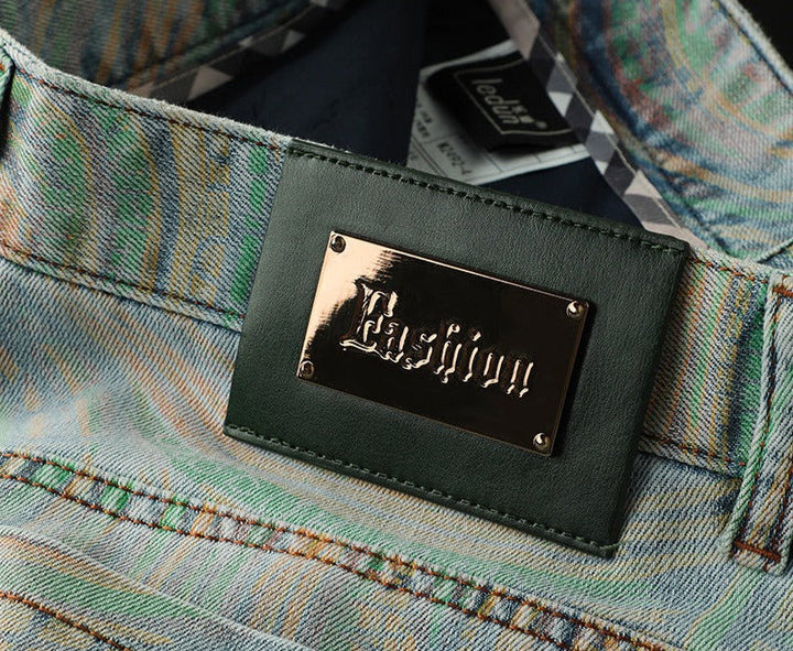 Ultra-comfortable men's slim fit jeans featuring bold patterns, perfect for all-day casual wear.