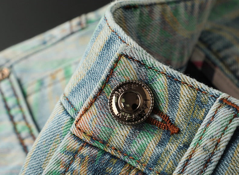 Expressive men's Nova slim fit jeans with bold, artistic patterns; comfortable, unique style choice.