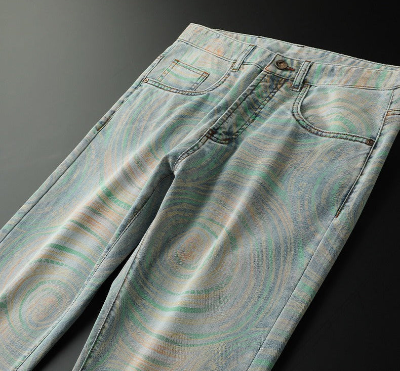 Trendy men's Nova slim fit patterned jeans, a bold statement piece for comfortable modern casual wear.