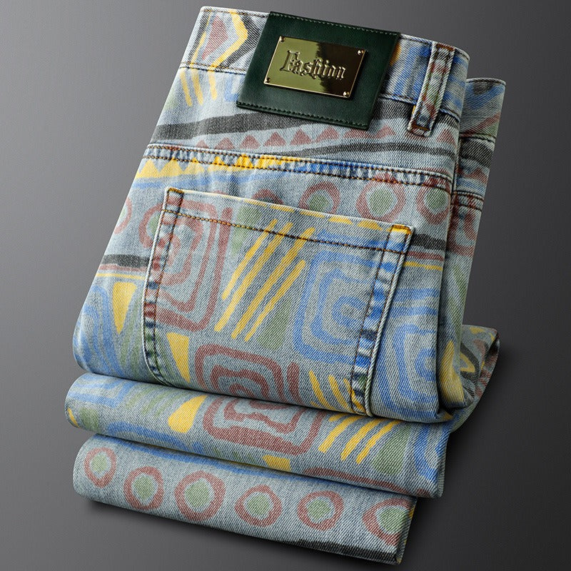 Comfortable men's slim fit patterned jeans; bold style, modern fit, great for stylish casual outfits.
