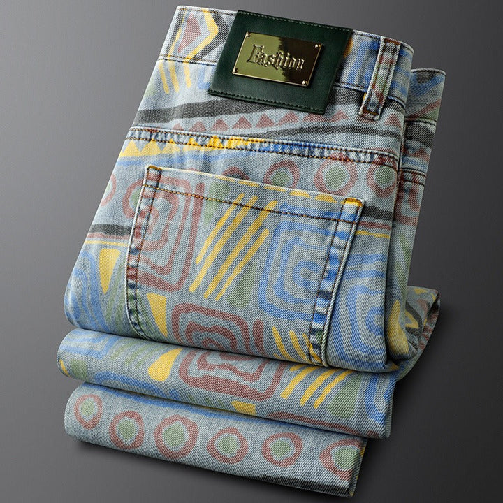 Comfortable men's slim fit patterned jeans; bold style, modern fit, great for stylish casual outfits.
