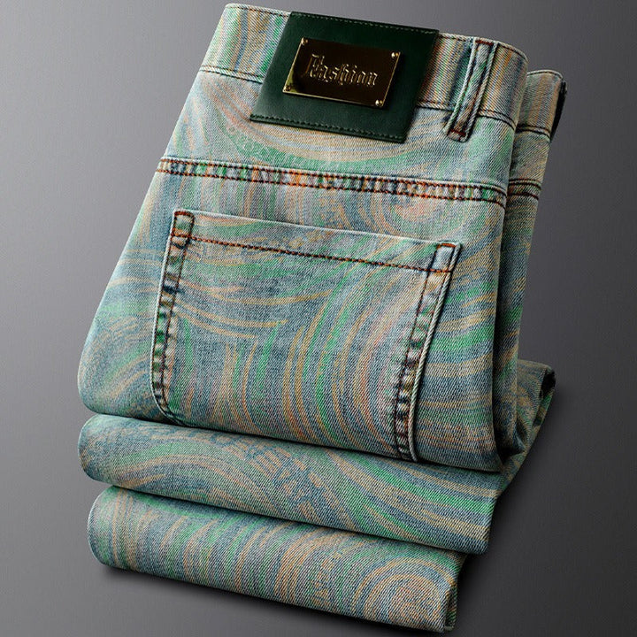 Stylish men's Nova slim fit jeans, a bold patterned statement piece for comfortable casual wear.