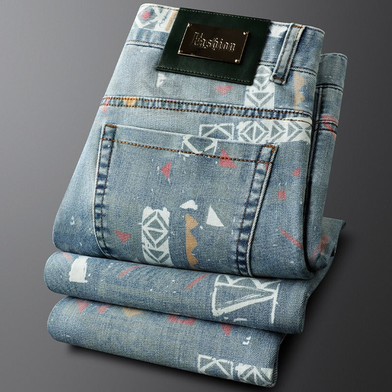 Soft, comfortable men's slim fit patterned jeans, featuring bold patterns for a stylish casual look.