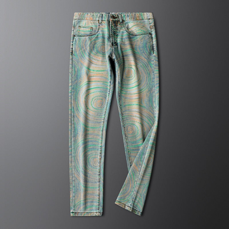 Modern men's Nova slim fit jeans with a bold contemporary pattern, combining comfort & style.