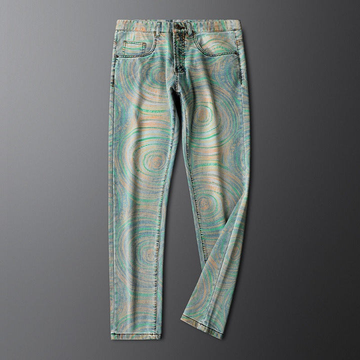 Modern men's Nova slim fit jeans with a bold contemporary pattern, combining comfort & style.