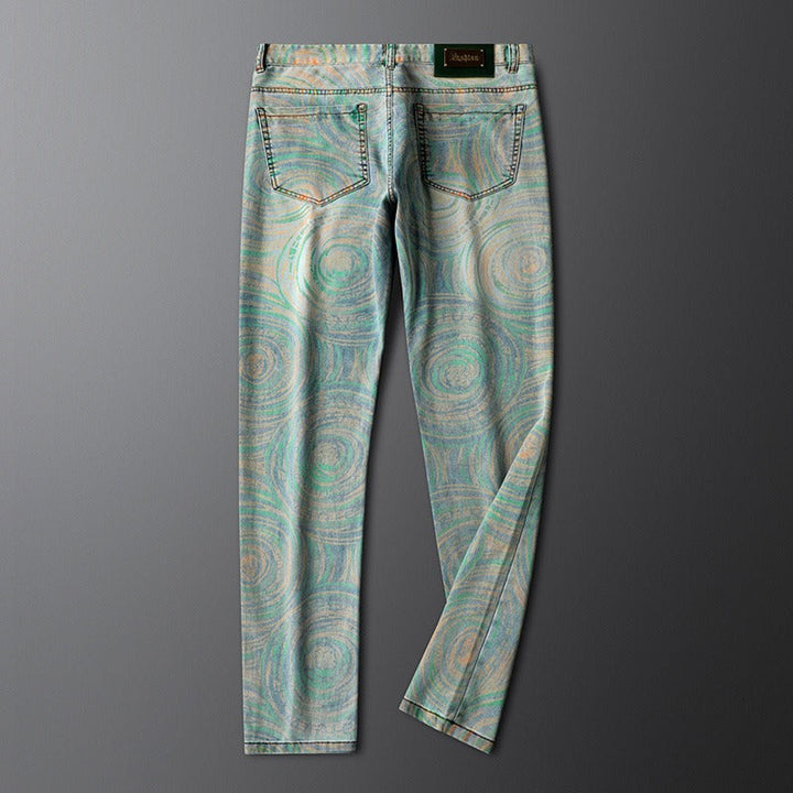Versatile men's slim fit patterned jeans, suitable for casual occasions, bold style & modern fit.