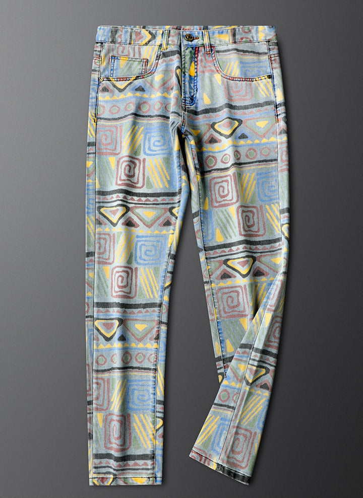 Dynamic men's Nova slim fit jeans showcasing bold patterns, designed for comfort & modern aesthetic.