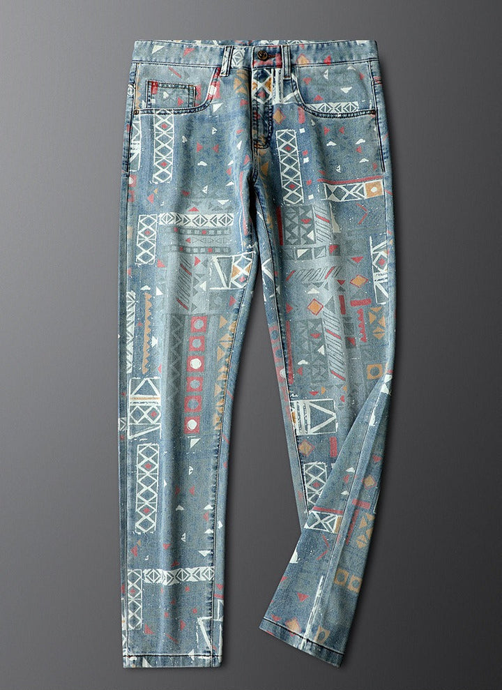 Unique men's slim fit jeans with a striking bold pattern, comfortable & stylish pants for men.